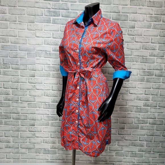Haley and the Hound Womens 8 Coral Anchor Madeline Button Front Shirt Dress Belt - Picture 4 of 7